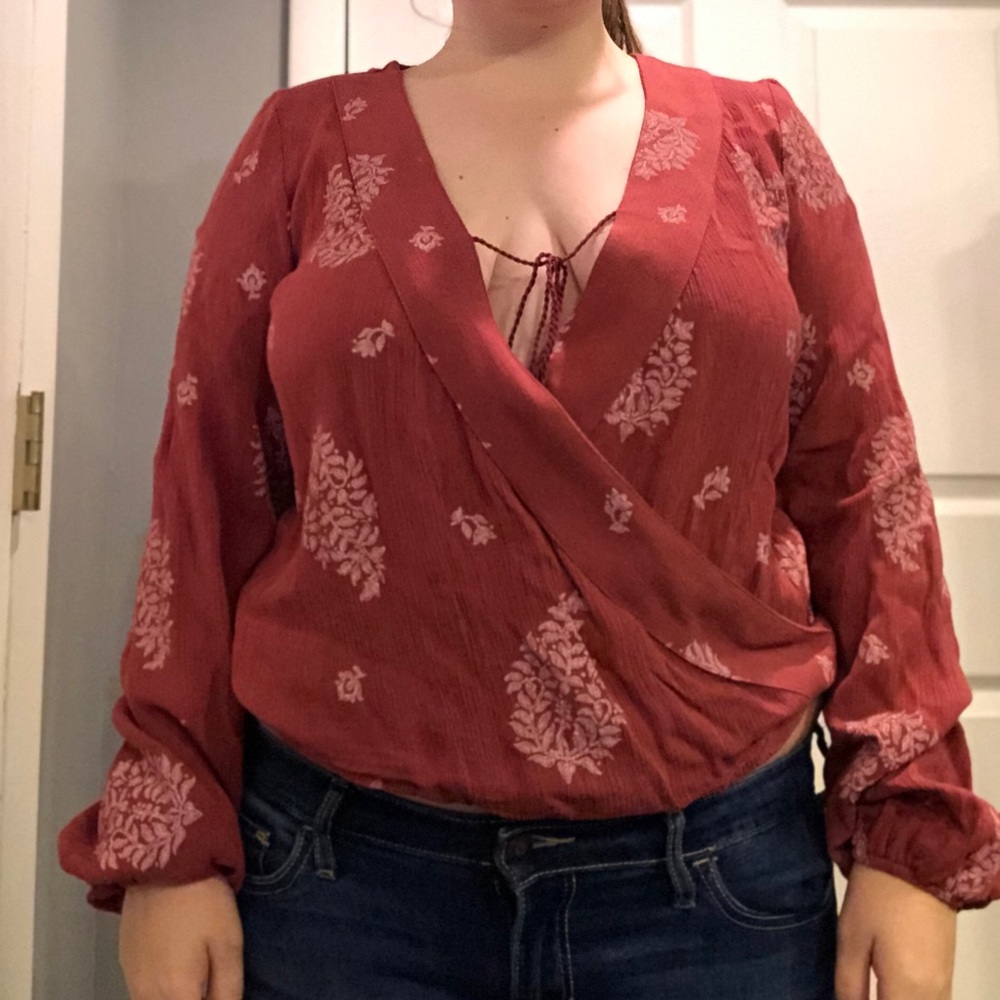 Red And White Floral Lowcut Blouse